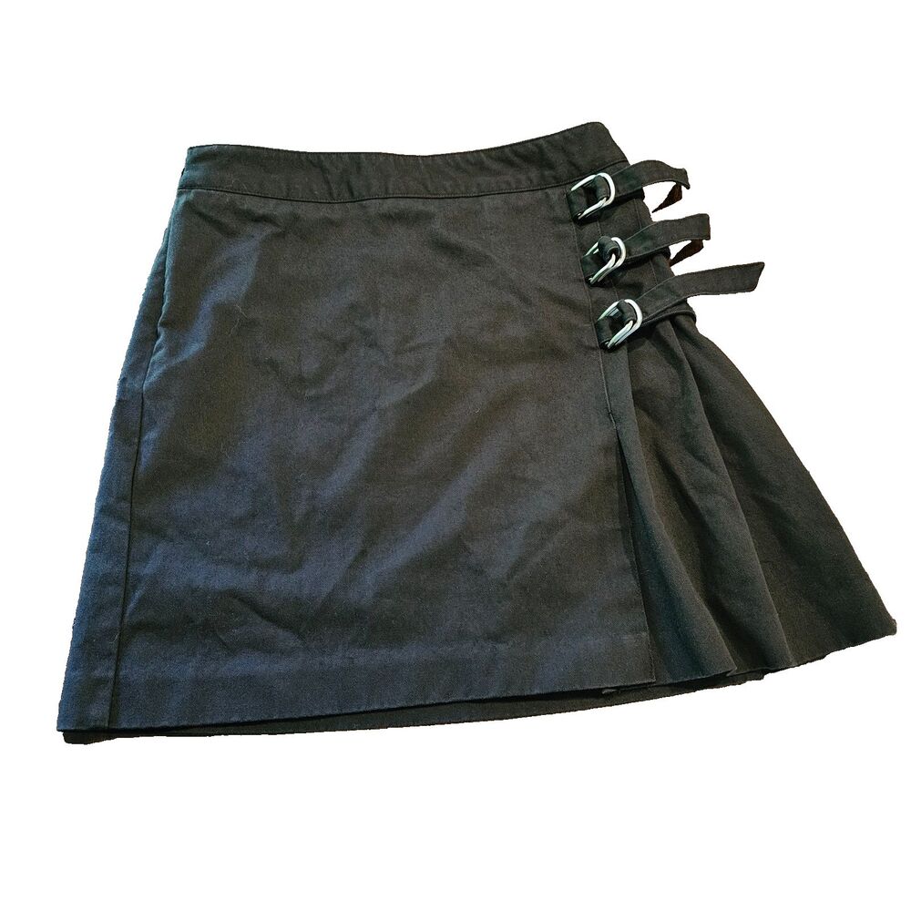 Black Mini Skirt Punk Buckle Pleated Detail Emo Scene Goth Skirt 26" waist